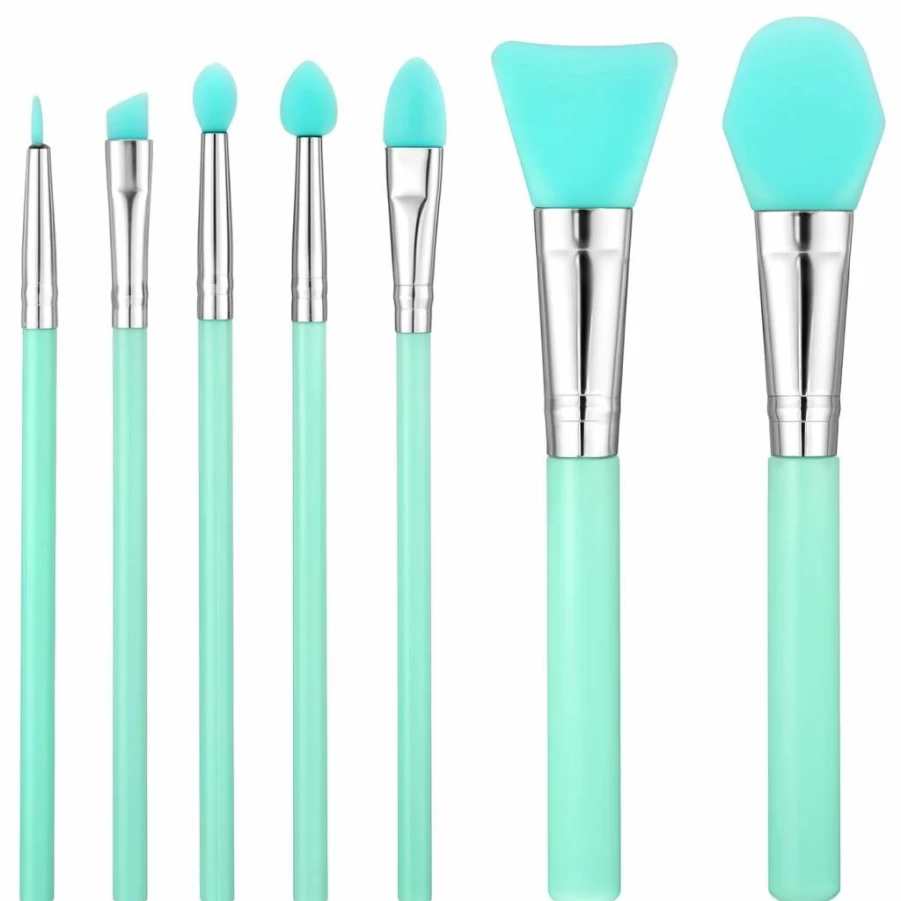 Aeaocvo 7Pcs Mint Green Silicone Makeup Brush Set - Face Foundation, Eyebrow & Eye Shadow Blending Applicator for Flawless Beauty Routine