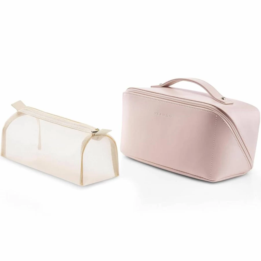 Vlando White Travel Makeup Bag with Divider and Handle - Open Flat Makeup Organizer for Women, Ideal Graduation Gift
