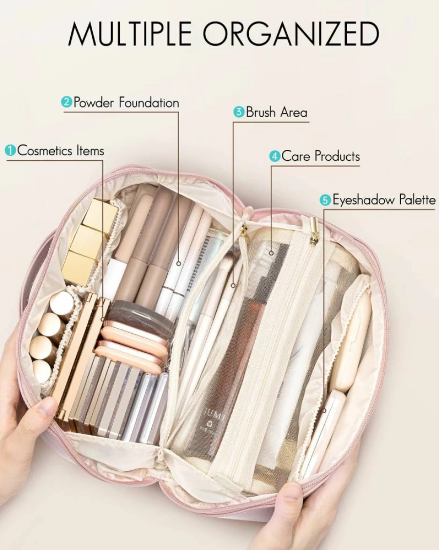 Vlando White Travel Makeup Bag with Divider and Handle - Open Flat Makeup Organizer for Women, Ideal Graduation Gift