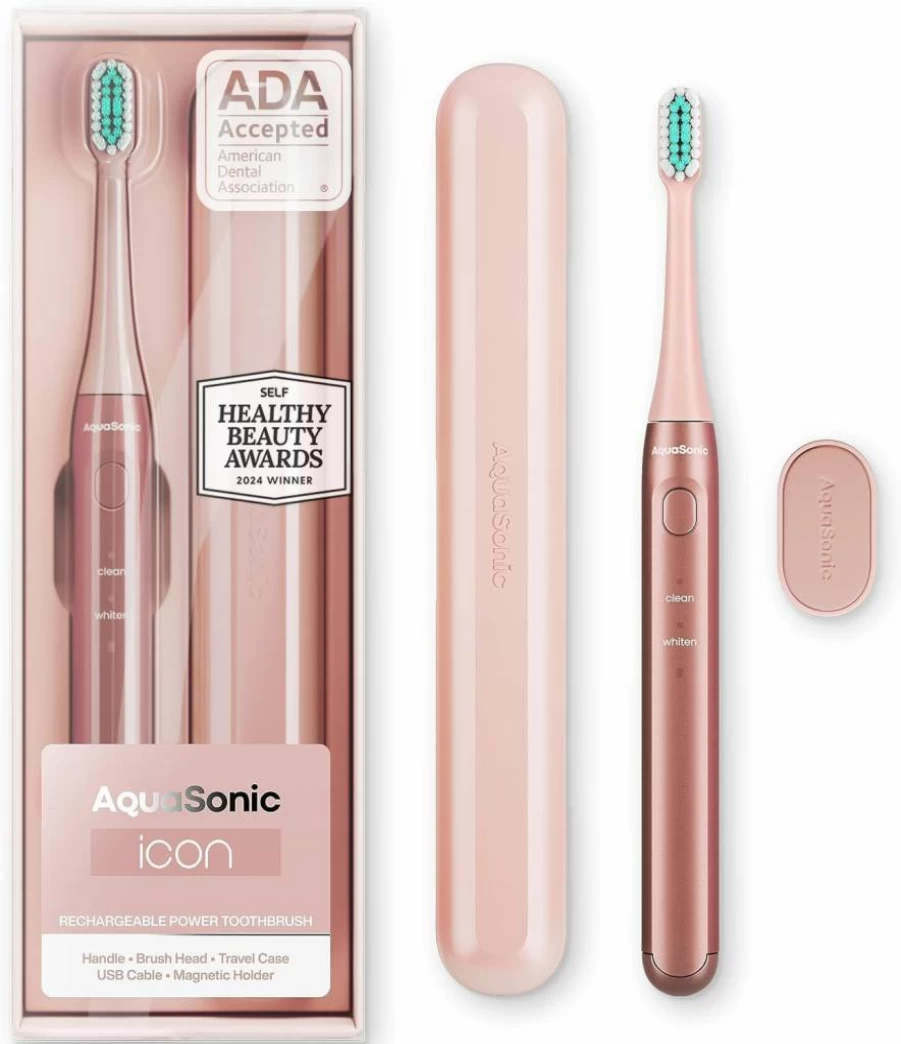 Aquasonic Icon ADA-Approved Rechargeable Electric Toothbrush with Magnetic Holder, Slim Travel Case, 2 Brushing Modes & Smart Timer - Gentle Micro-Vibrations (Stone)