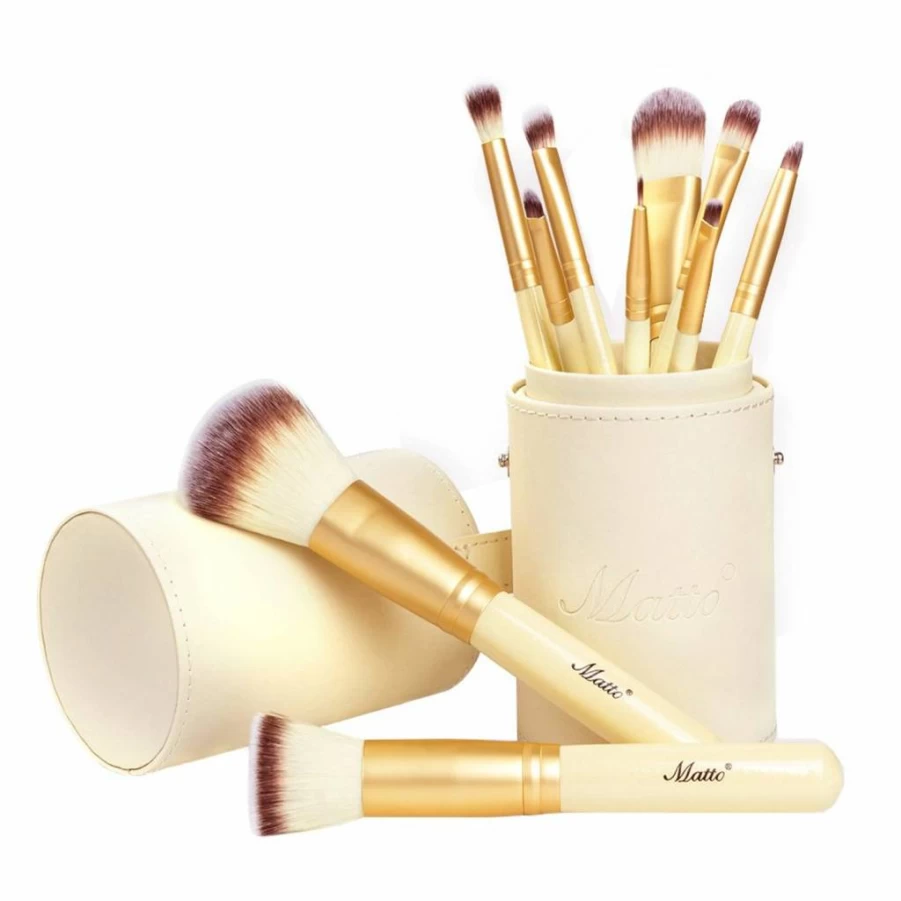 Matto 10-Piece Golden Makeup Brush Set with Holder - Foundation, Powder, Eye & Face Brushes for Professional Makeup Application