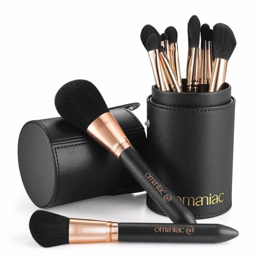 OMANIAC Professional 12-Piece Pearlescent Makeup Brush Set with Wood Handle, Cruelty-Free Synthetic Bristles, Travel-Friendly Case (Black)