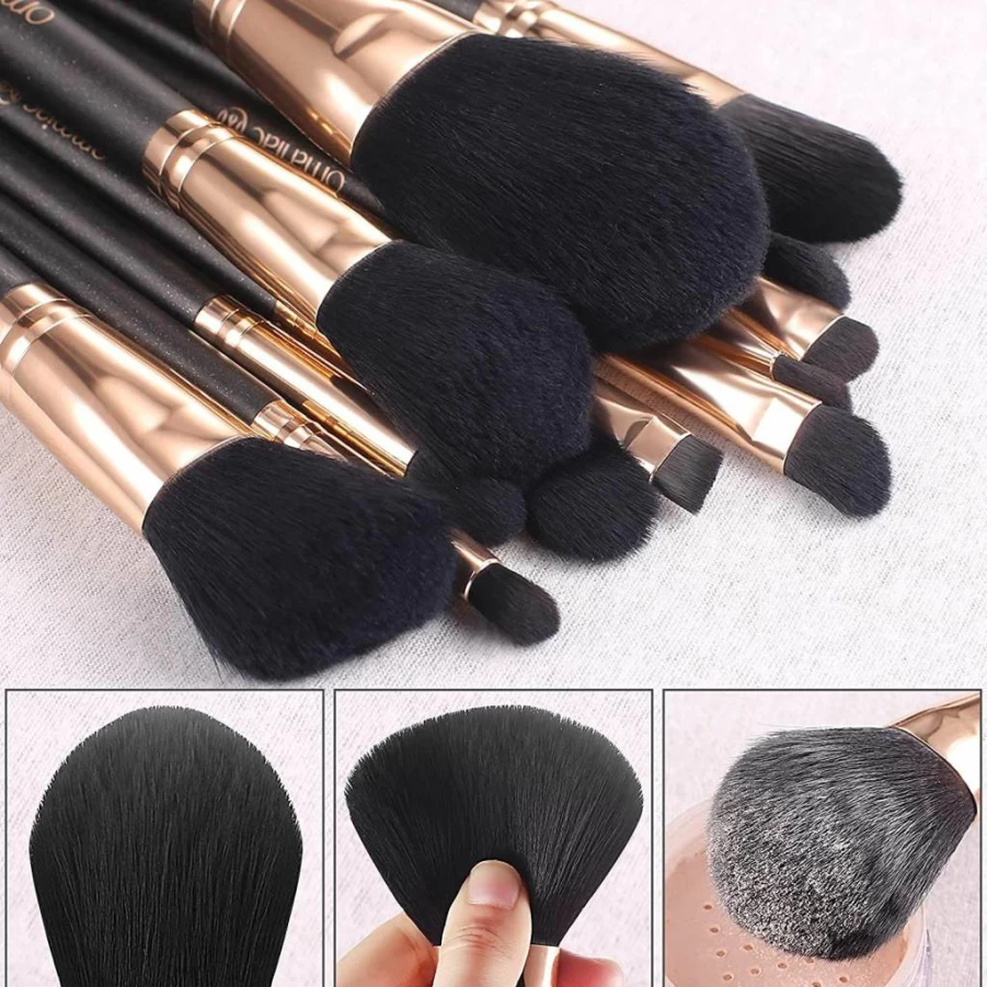 OMANIAC Professional 12-Piece Pearlescent Makeup Brush Set with Wood Handle, Cruelty-Free Synthetic Bristles, Travel-Friendly Case (Black)