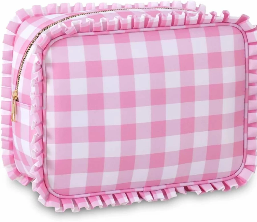 EMBRUNIOICE Pink Gingham Makeup Bag for Women - Large Travel Cosmetic Organizer with Ruffle Design, Cute Toiletry Pouch for Girls