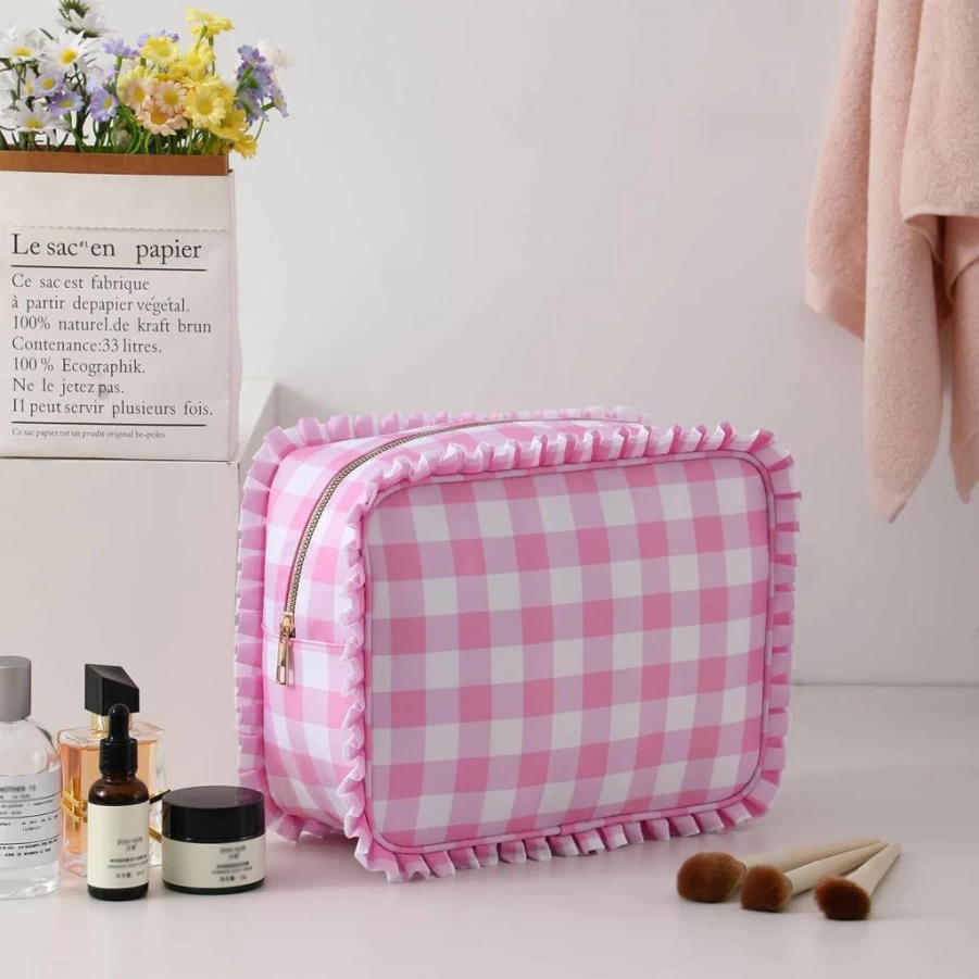 EMBRUNIOICE Pink Gingham Makeup Bag for Women - Large Travel Cosmetic Organizer with Ruffle Design, Cute Toiletry Pouch for Girls