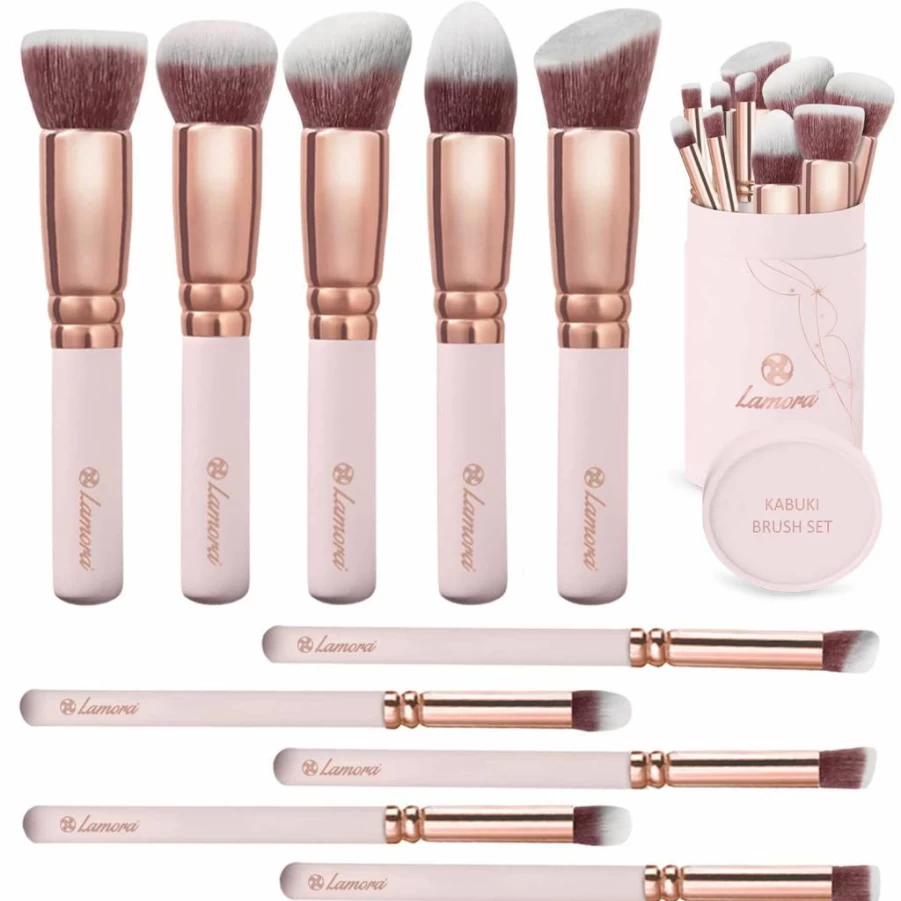 Lamora 10-Piece Kabuki Makeup Brush Set - Premium Synthetic Face & Eye Brushes for Liquid, Cream, Powder - Foundation, Blush, Contour, Concealer Professional Cosmetic Kit