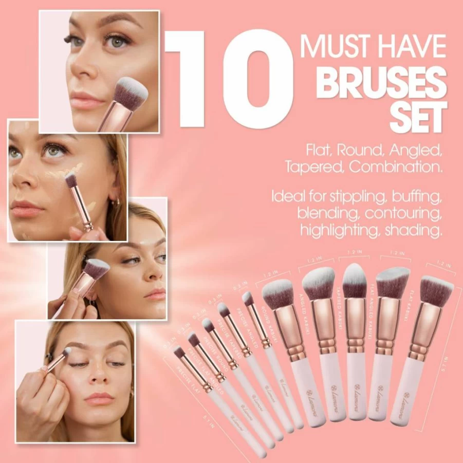 Lamora 10-Piece Kabuki Makeup Brush Set - Premium Synthetic Face & Eye Brushes for Liquid, Cream, Powder - Foundation, Blush, Contour, Concealer Professional Cosmetic Kit