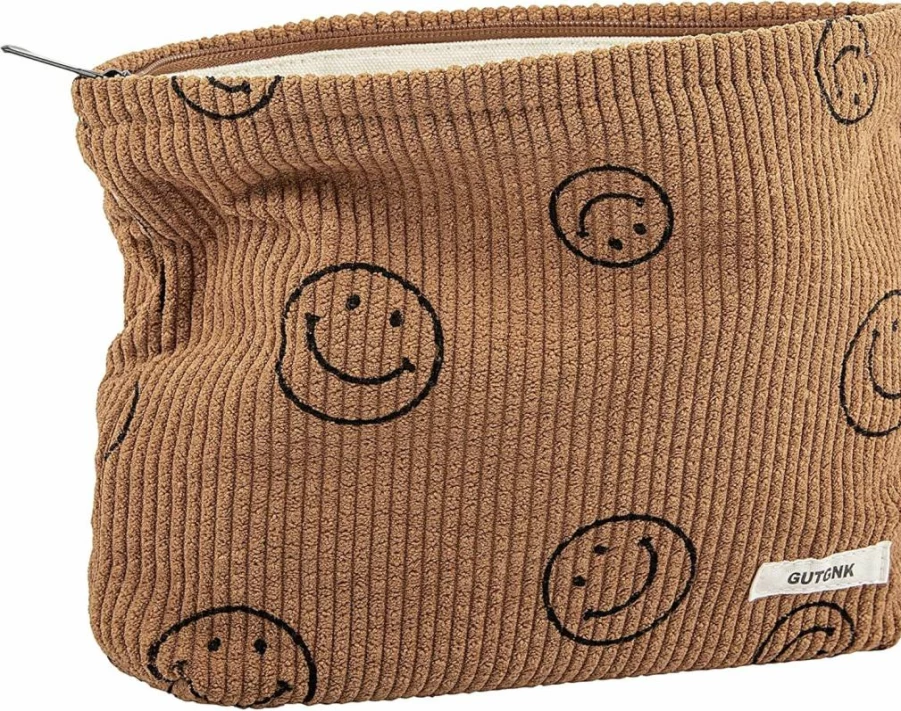 GUTGNK Women's Corduroy Cosmetic Bag - Large Travel Toiletry Organizer with Canvas Exterior, Black Chrysanthemum Design