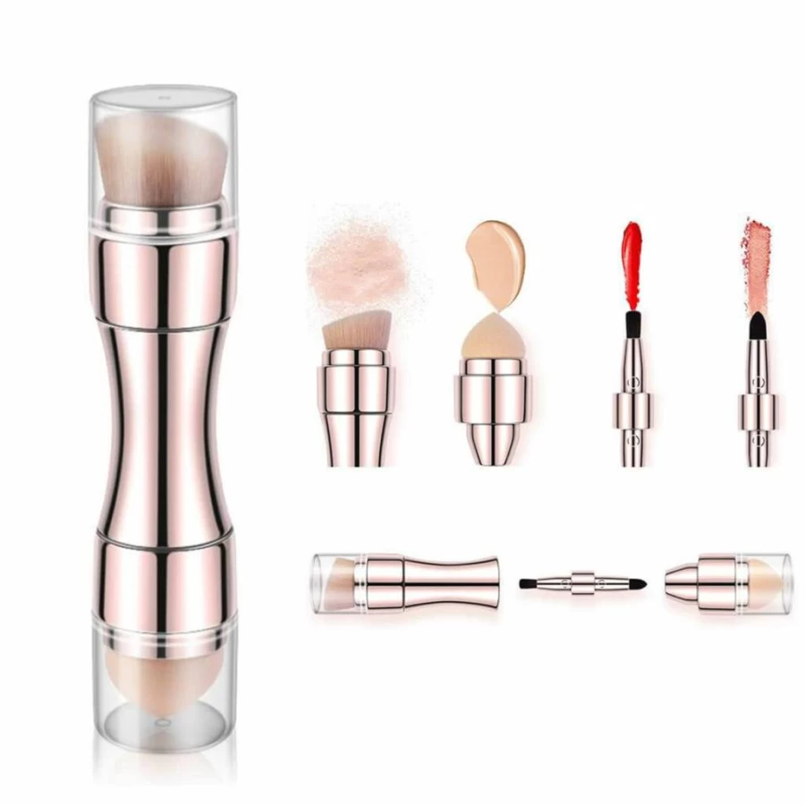 Bling Toman Retractable Rose Gold Makeup Brush Set - 4-in-1 Travel Size Foundation, Eyeshadow, Blush, and Concealer Brush