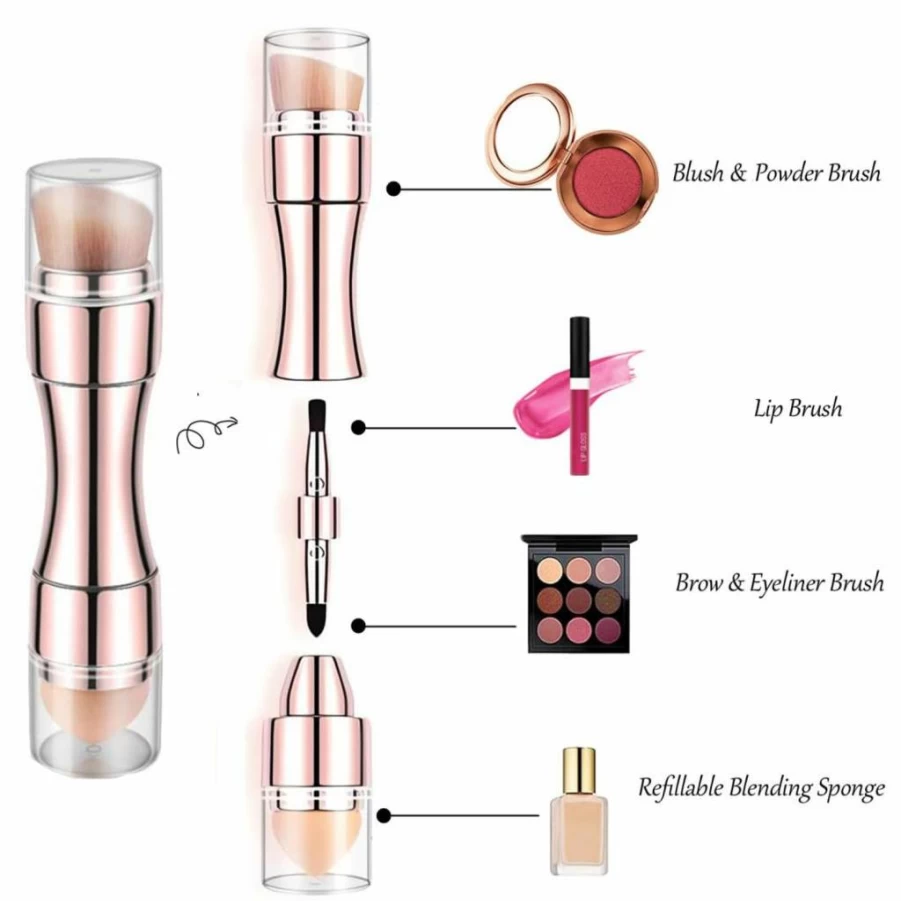 Bling Toman Retractable Rose Gold Makeup Brush Set - 4-in-1 Travel Size Foundation, Eyeshadow, Blush, and Concealer Brush