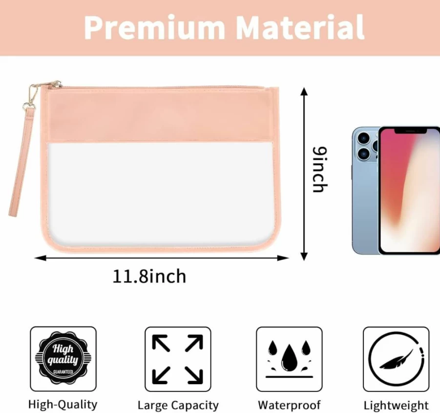 Iqimott Green Chenille Letter Clear Zipper Pouch - DIY Travel Toiletry Bag for Women & Girls, Transparent Cosmetic Makeup Purse