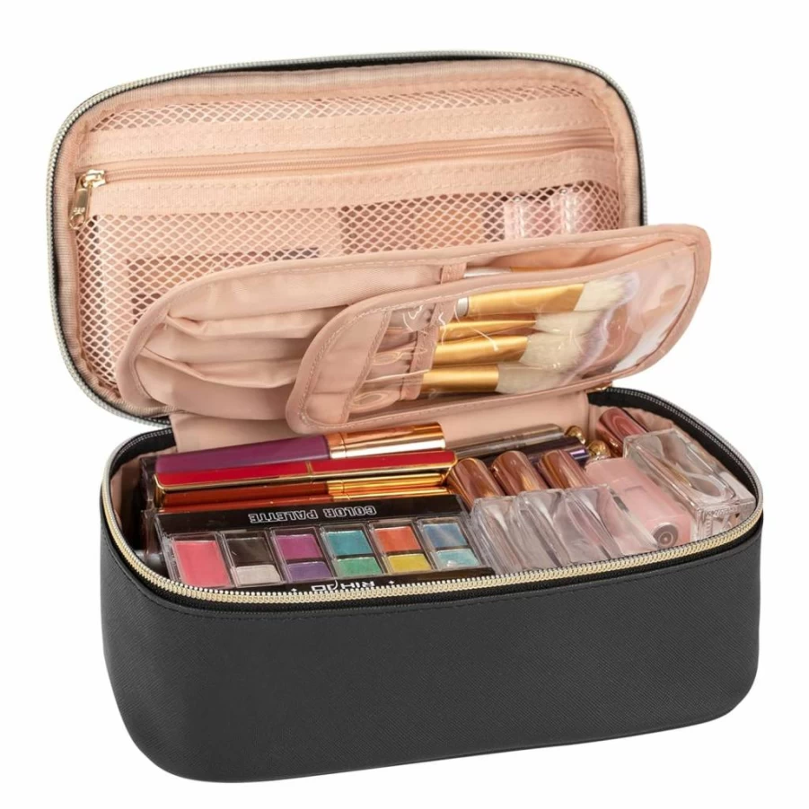OCHEAL Small Makeup Bag for Women - Portable Travel Cosmetic Pouch with Brush Compartment, Cute Beige Makeup Organizer
