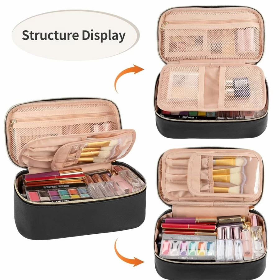 OCHEAL Small Makeup Bag for Women - Portable Travel Cosmetic Pouch with Brush Compartment, Cute Beige Makeup Organizer