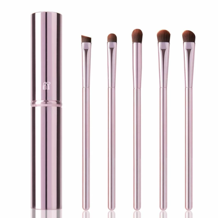 5Pcs YUE SHEN NAN Premium Eyeshadow Brush Set - Soft Angled Eyeliner & Makeup Brushes, Portable Pink Cosmetic Brush Kit for Professional Makeup