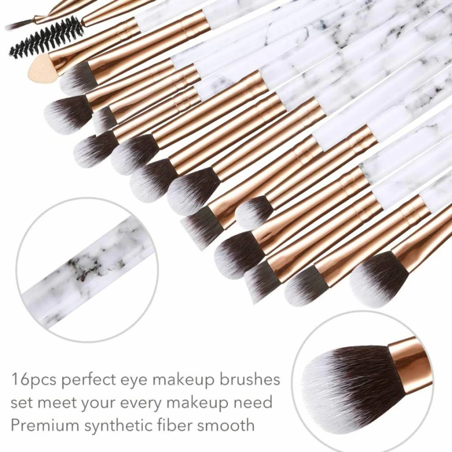 DUAIU 16Pcs Professional Eyeshadow Brush Set with Synthetic Bristles & Marble Handle - Eyebrow, Eyeliner, Blending Brushes Includes Pink Cosmetic Bag