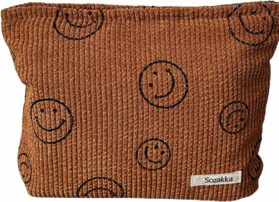 Gardsell Corduroy Makeup Bag for Women - Aesthetic Beige Cosmetic Organizer with Smile Dots, Travel Toiletry Pouch & Girls Storage Case