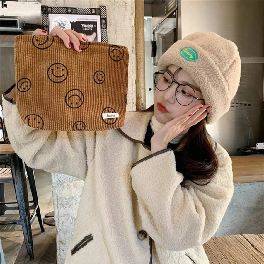 Gardsell Corduroy Makeup Bag for Women - Aesthetic Beige Cosmetic Organizer with Smile Dots, Travel Toiletry Pouch & Girls Storage Case