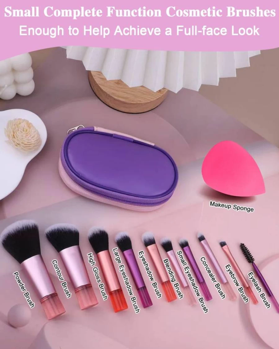 PGRODE 14-Piece Mini Travel Makeup Brushes Set - Portable Cosmetic Kit with Pouch, Short Handle Brushes for On-The-Go Makeup, Complete Function Makeup Tools for Women & Girls (Colorful)