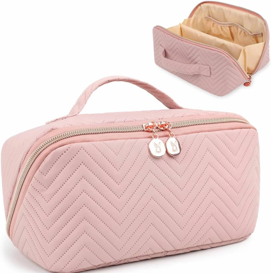 Bunnychill Large Water-Resistant Makeup Bag with Brush Holder & Portable Pouch, Travel Toiletry Organizer for Women, Beige Cosmetic Case with Handle