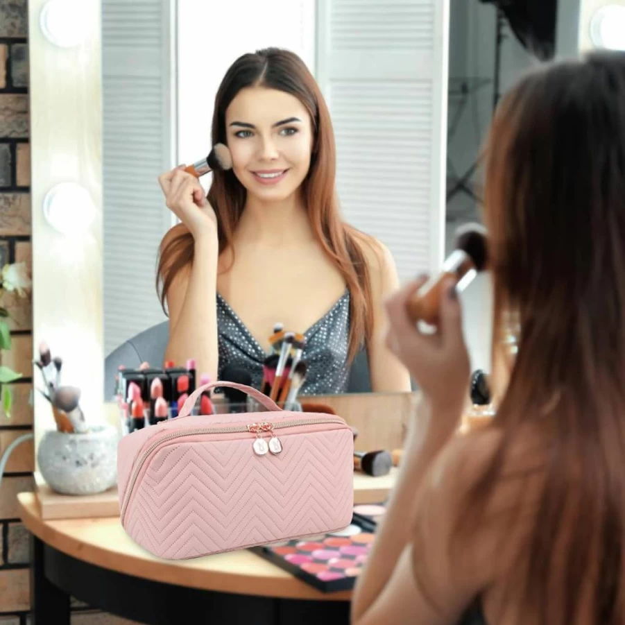 Bunnychill Large Water-Resistant Makeup Bag with Brush Holder & Portable Pouch, Travel Toiletry Organizer for Women, Beige Cosmetic Case with Handle