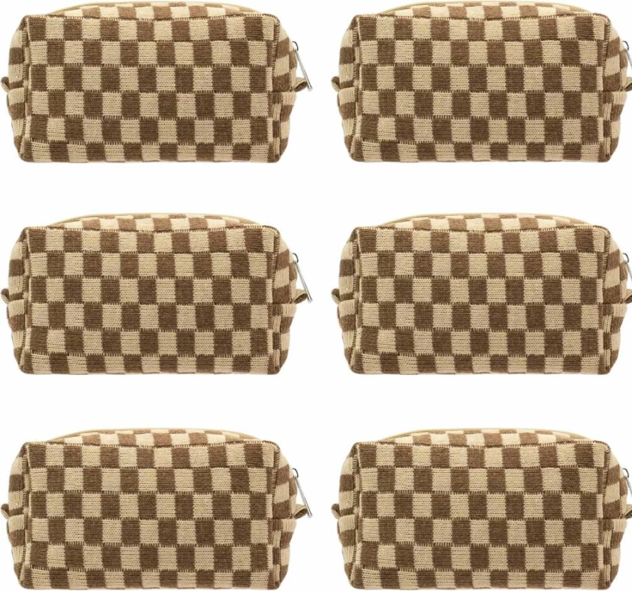 PAZIMIIK Large Checkered Knit Makeup Bag with Zipper - Travel Cosmetic Pouch for Brushes & Essentials, Blue