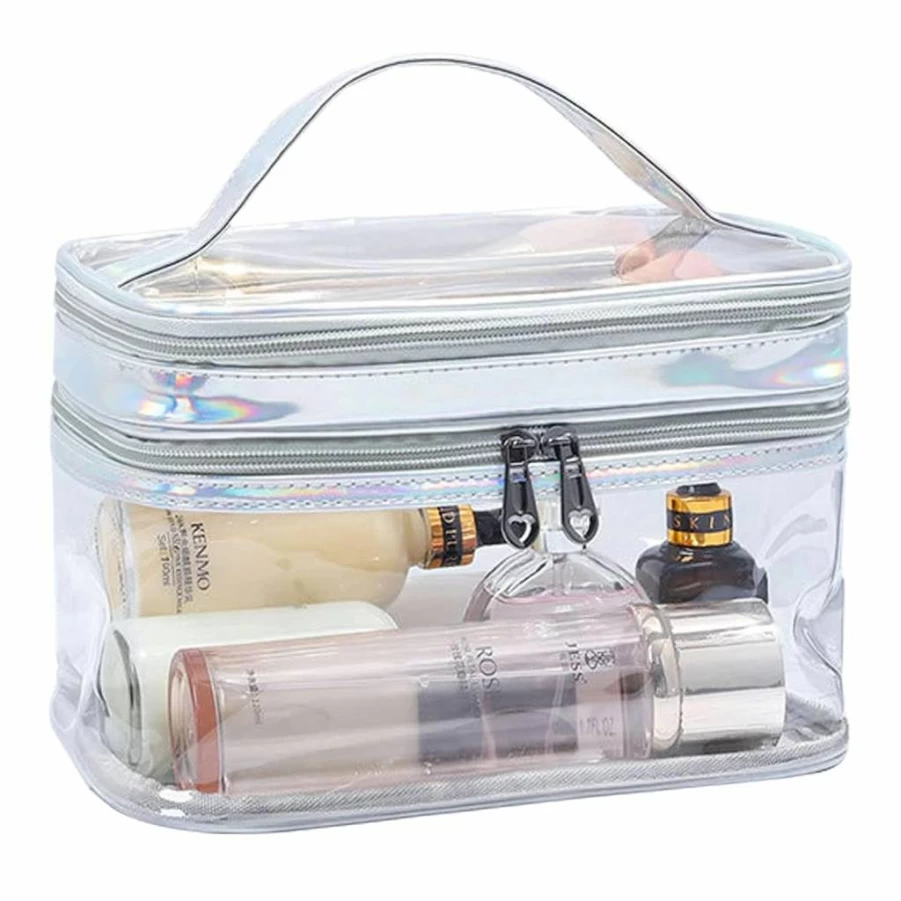 ANEMEL Waterproof Clear Makeup Bag - Dual Layer Travel Toiletry Organizer with Brush Holder, Black Cosmetic Case for Women & Men