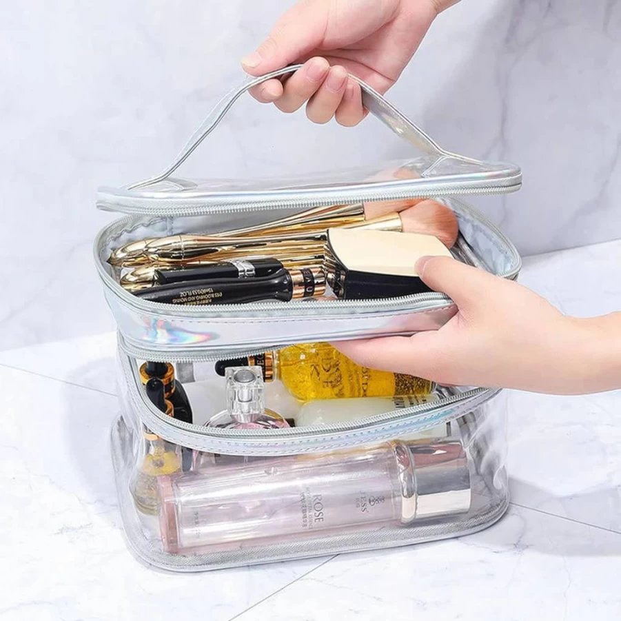 ANEMEL Waterproof Clear Makeup Bag - Dual Layer Travel Toiletry Organizer with Brush Holder, Black Cosmetic Case for Women & Men