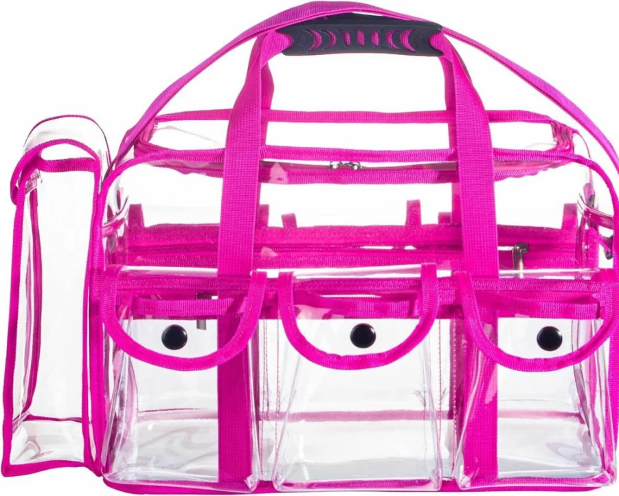Tense Edano Professional Clear PVC Makeup Bag with 6 Pockets - Large Travel Cosmetic Organizer for Beauty Tools, Nails, Beach & Diaper Storage (Black)