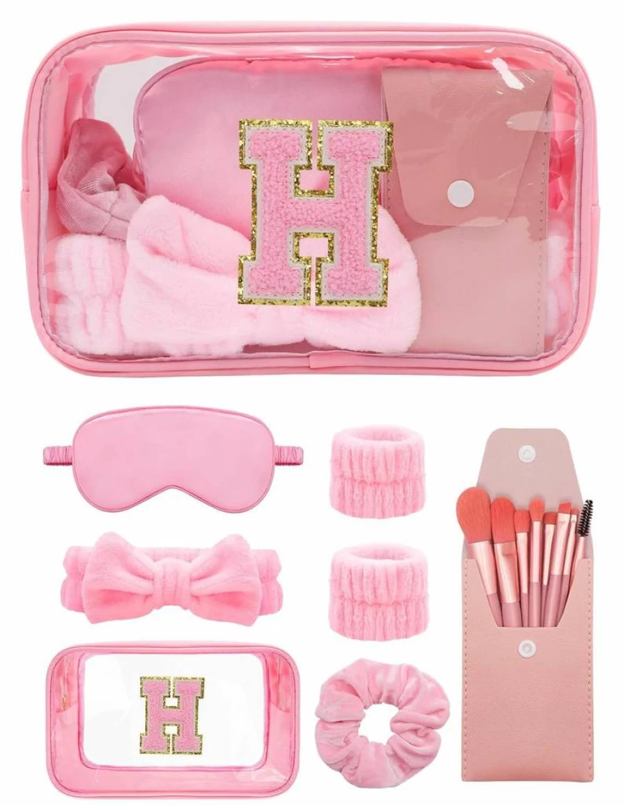 Sweet Lion Luxury Makeup Gift Set for Women - Personalized Initial Makeup Bag with Brush Set, Spa Skincare Kit with Headband & Wristbands, Bridesmaid Bachelorette Party Favors, Teen Girls Birthday Gifts