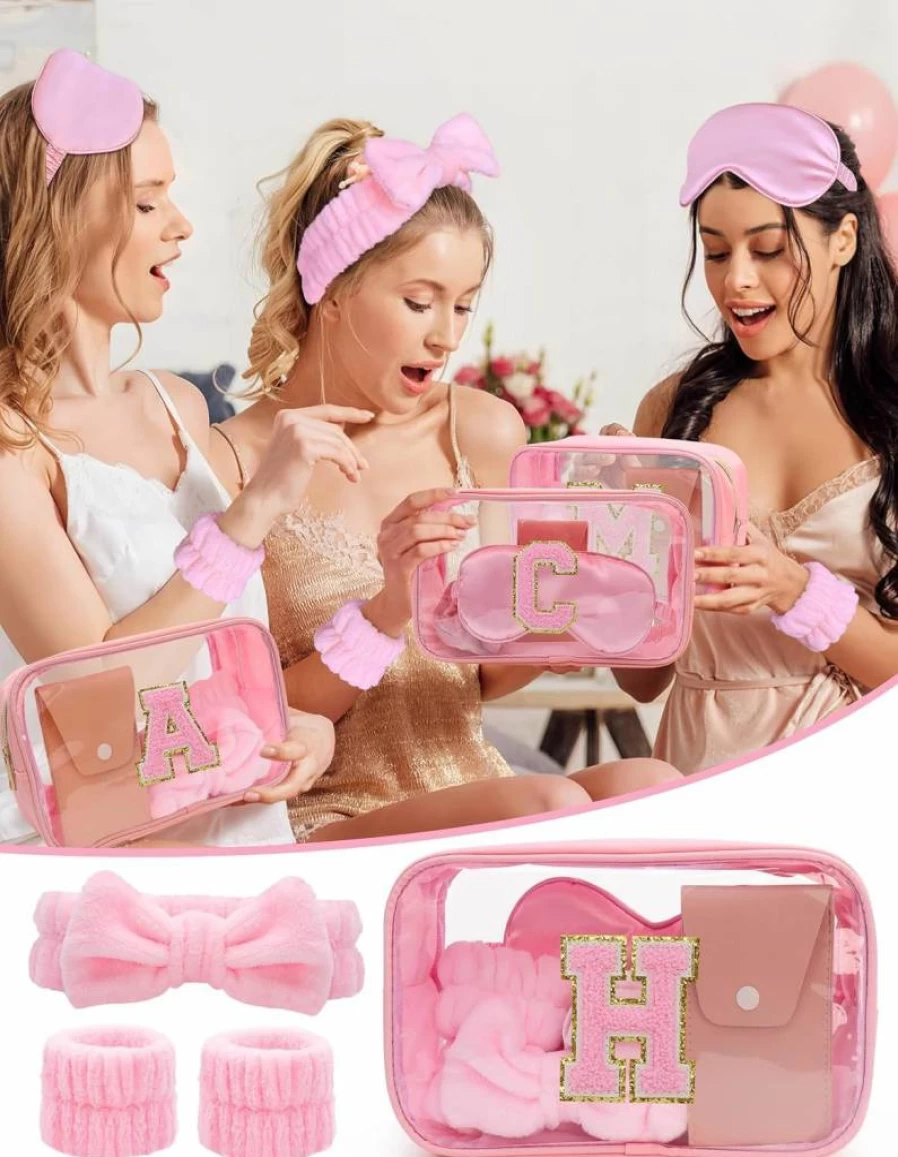Sweet Lion Luxury Makeup Gift Set for Women - Personalized Initial Makeup Bag with Brush Set, Spa Skincare Kit with Headband & Wristbands, Bridesmaid Bachelorette Party Favors, Teen Girls Birthday Gifts