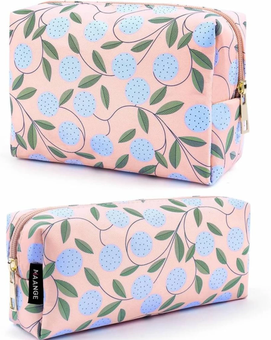 MAANGE 2-Pack Leather Travel Makeup Bag for Women - Small Cosmetic Pouch with Zipper, Portable Khaki Plaid Brush Organizer for Purse