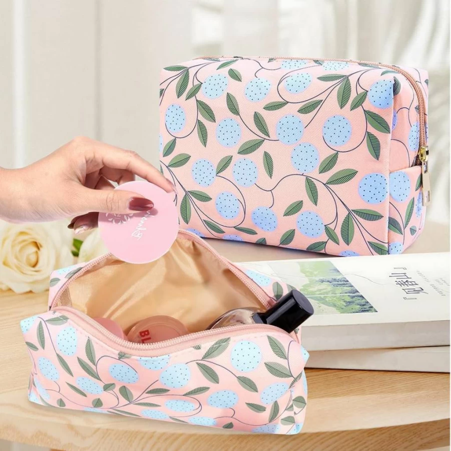 MAANGE 2-Pack Leather Travel Makeup Bag for Women - Small Cosmetic Pouch with Zipper, Portable Khaki Plaid Brush Organizer for Purse