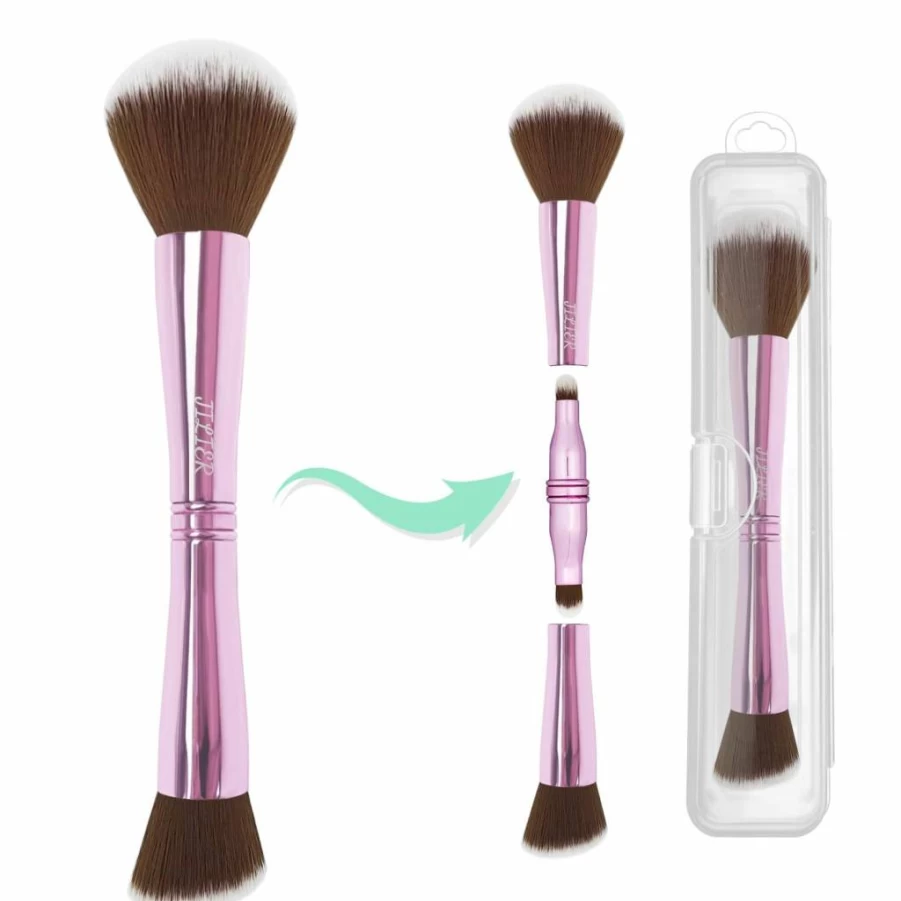 JILIER 4-in-1 Travel Makeup Brush Set with Case - Double Ended Foundation, Powder, Blush, Eyeshadow & Concealer Brushes for Liquid, Cream & Powder