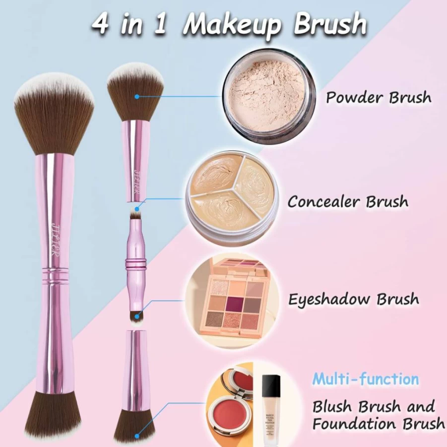 JILIER 4-in-1 Travel Makeup Brush Set with Case - Double Ended Foundation, Powder, Blush, Eyeshadow & Concealer Brushes for Liquid, Cream & Powder
