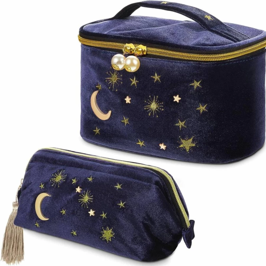 Patelai 2 Pack Velvet Star and Moon Embroidered Makeup Bags for Travel, Cute Cosmetic Pouches, Washable Toiletry Storage, Navy Blue Clutch Handbags
