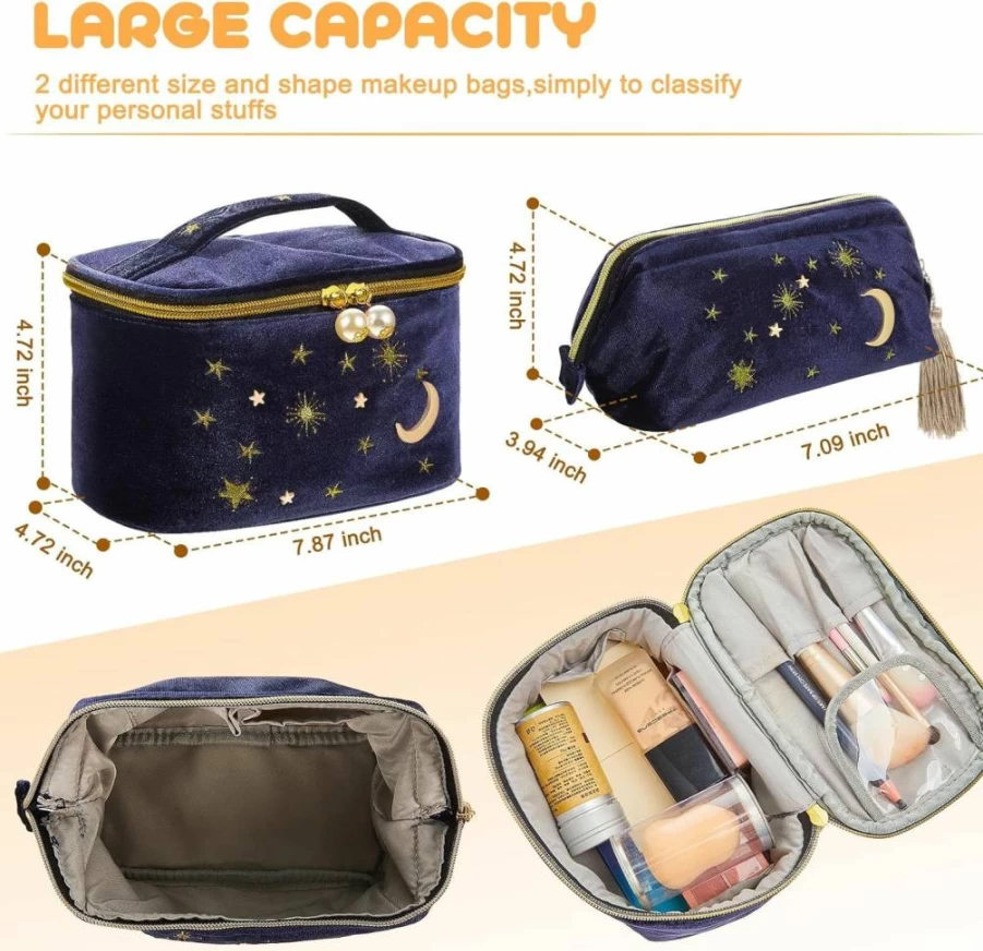 Patelai 2 Pack Velvet Star and Moon Embroidered Makeup Bags for Travel, Cute Cosmetic Pouches, Washable Toiletry Storage, Navy Blue Clutch Handbags