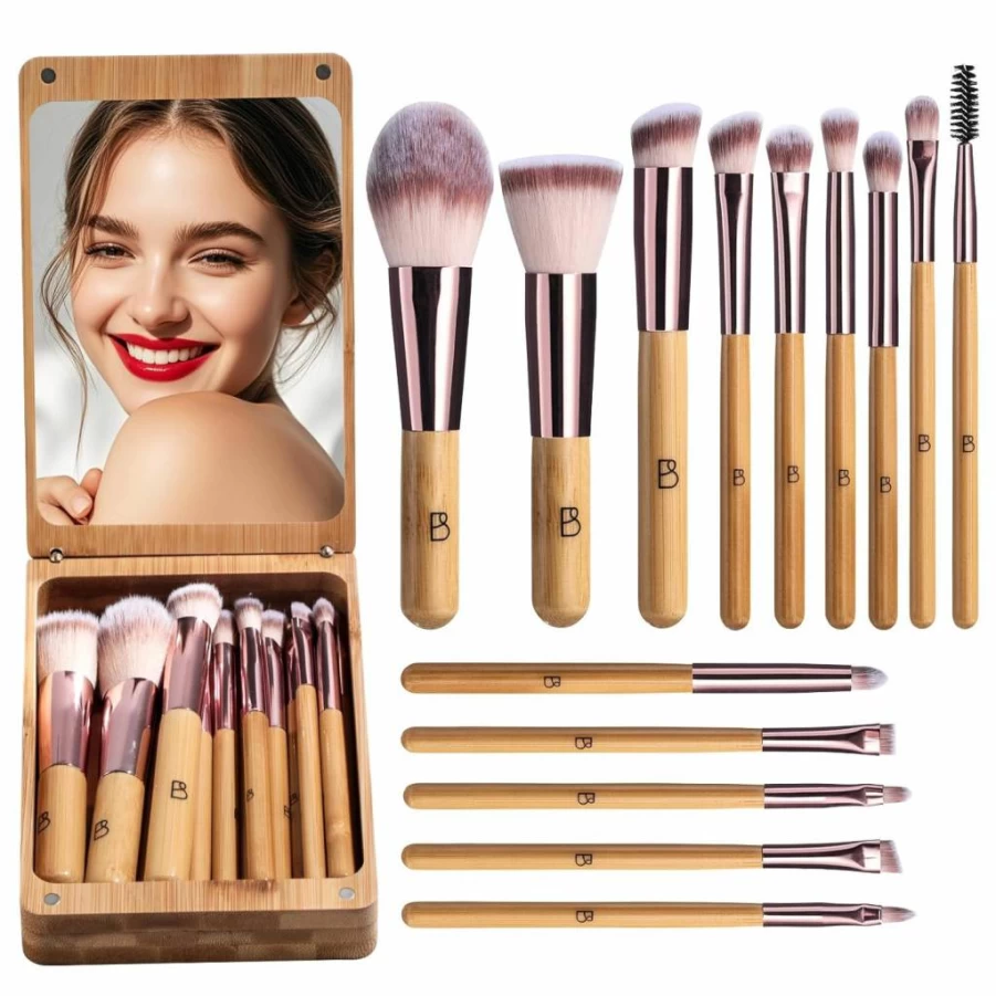 BS-MALL 14-Piece Bamboo Travel Makeup Brush Set with Mirror Case - Foundation, Powder, Concealer & Eyeshadow Brushes