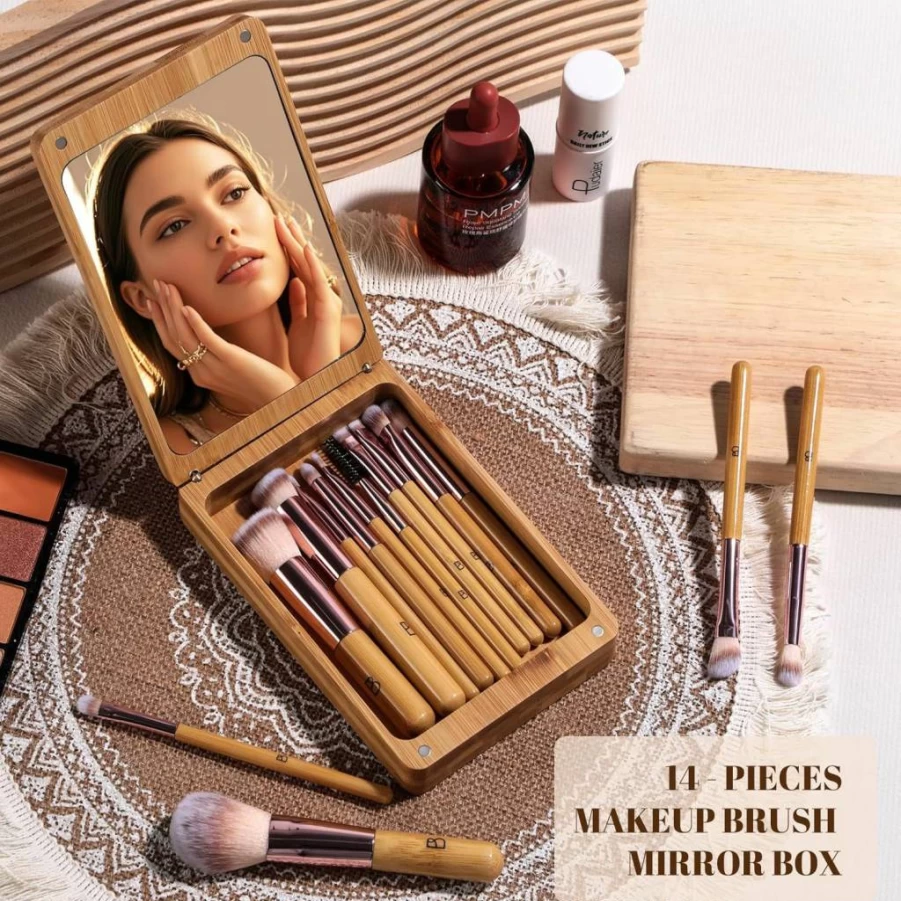 BS-MALL 14-Piece Bamboo Travel Makeup Brush Set with Mirror Case - Foundation, Powder, Concealer & Eyeshadow Brushes