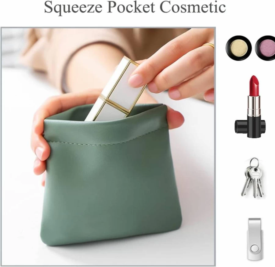 ALUXY 3Pcs Waterproof Leather Cosmetic Bags Set, Self-Closing Travel Makeup Pouches, Portable Squeeze Pocket Organizer for Toiletries (No Zipper)