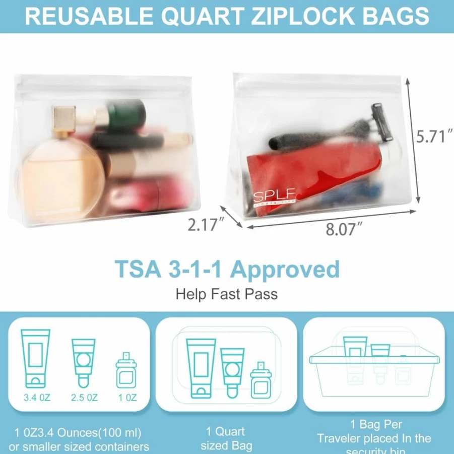 SPLF 4 Pack TSA Approved Quart Size Clear Toiletry Bags, Leakproof BPA Free Travel Cosmetic Bags for Women & Men, Airline Compliant Carry-On Zipper Pouch