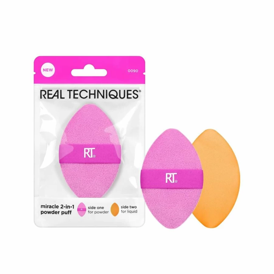 Real Techniques Dual-Sided Miracle Makeup Sponge & Powder Puff with Travel Case, 2-in-1 Blending Puff for Liquid, Cream & Powder, 2 Count