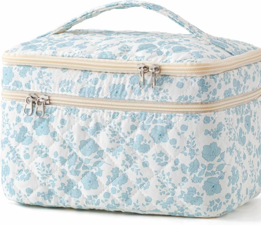 HBselect Large Quilted Makeup Bag for Women, Floral Cosmetic Travel Organizer, Cute Blue Flowers Toiletry Bag for Teens Girls, Portable Cotton Makeup Pouch