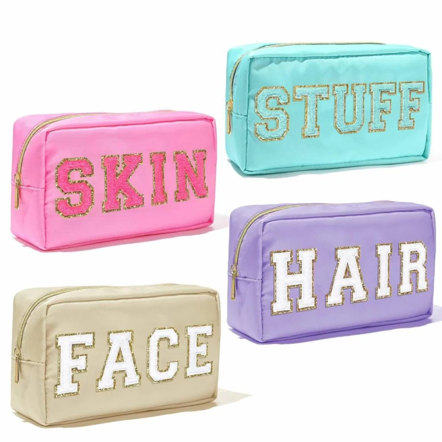 4Pcs Aileam Preppy Makeup Bags Set - Waterproof Nylon Cosmetic Pouch with Chenille Letter & Patches, Travel Toiletry Organizer for Women (Skin, Hair, Face)