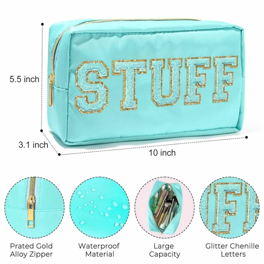 4Pcs Aileam Preppy Makeup Bags Set - Waterproof Nylon Cosmetic Pouch with Chenille Letter & Patches, Travel Toiletry Organizer for Women (Skin, Hair, Face)