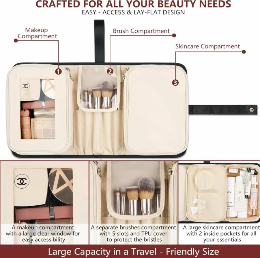BAREFOOT CARIBOU Travel Makeup Bag for Women - Large Capacity Cosmetic Organizer for Brushes, Toiletries & Essentials, Portable Toiletry Bag for Vacation, Business Trips or Weekend Getaways (Black)