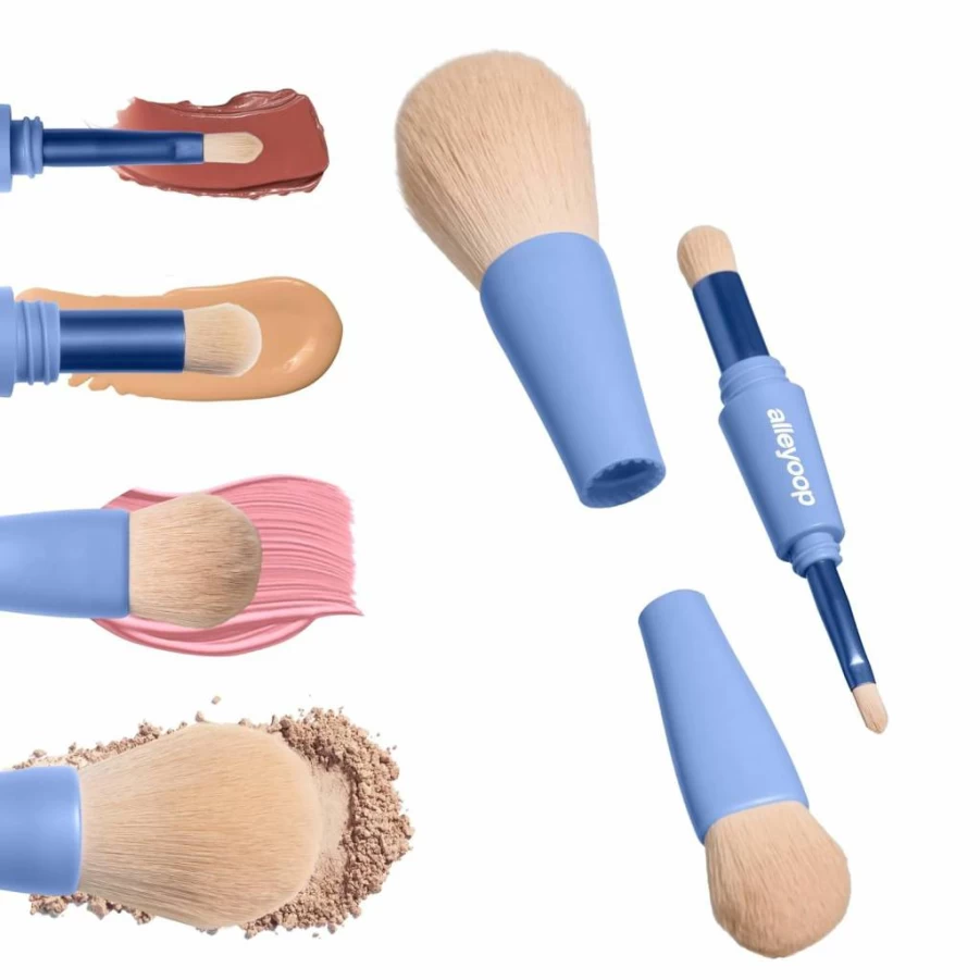 ALLEYOOP Vegan 4-in-1 Travel Makeup Brush Set with Blending Sponge - Mini Eyeshadow, Eyebrow, Liner, Blush & Bronzer Brush Kit for Women
