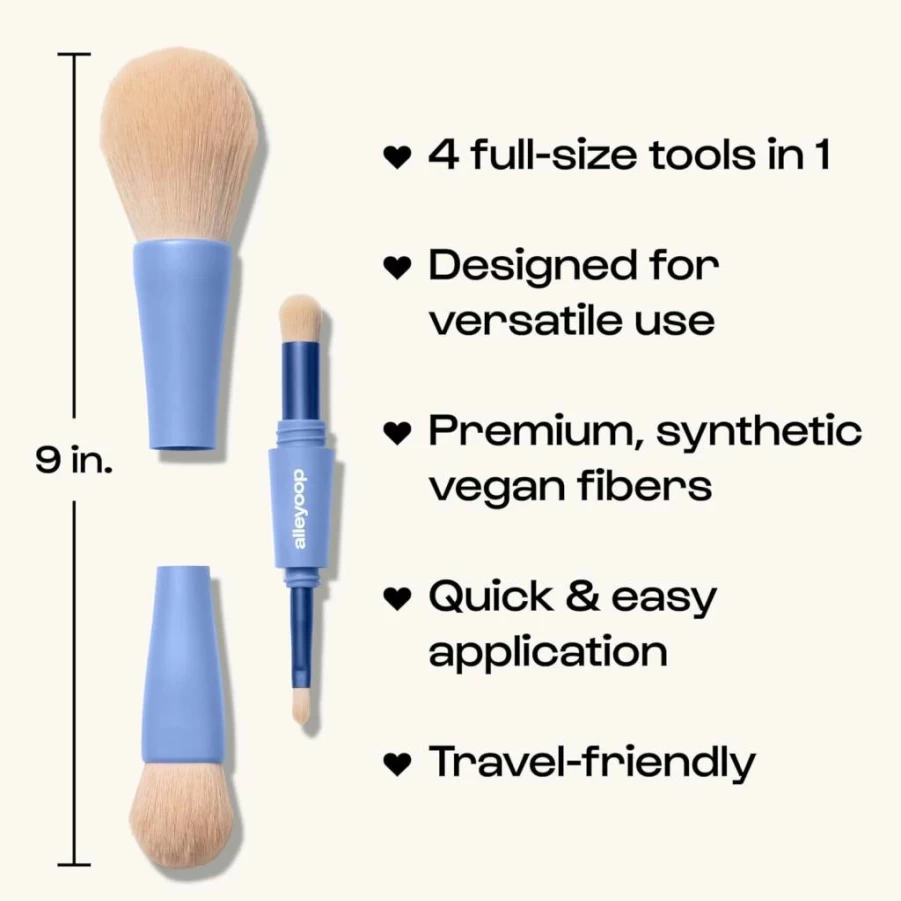 ALLEYOOP Vegan 4-in-1 Travel Makeup Brush Set with Blending Sponge - Mini Eyeshadow, Eyebrow, Liner, Blush & Bronzer Brush Kit for Women