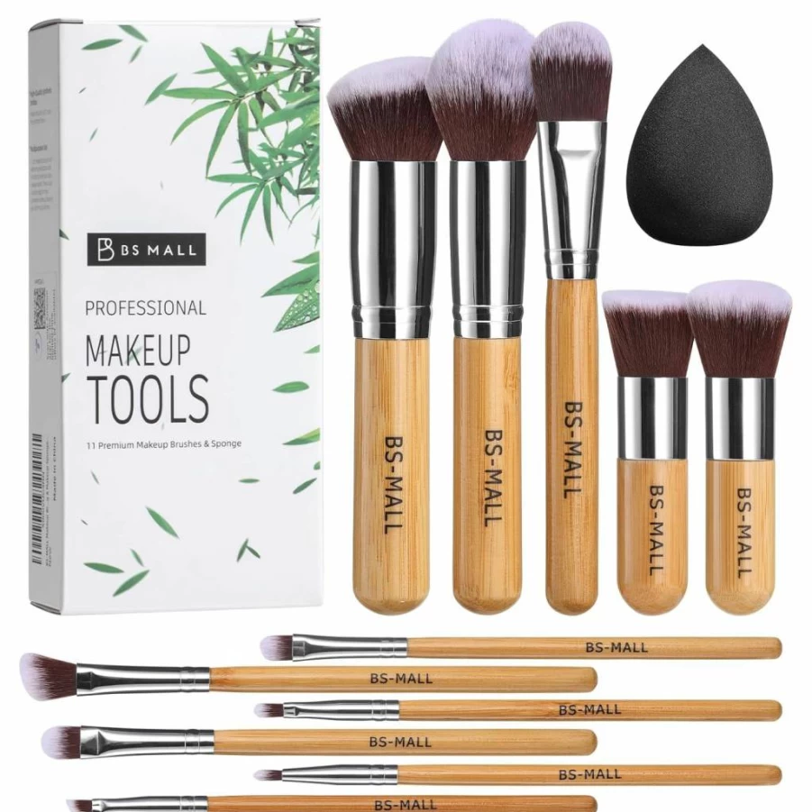 BS-MALL 11-Piece Bamboo Makeup Brush Set with Kabuki, Foundation, Blending, Concealer, Eyeshadow, Blush Brushes & Organizer Bag + Sponge