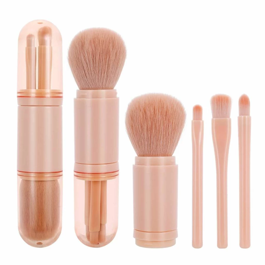 Molain 4-in-1 Retractable Travel Makeup Brush Set - Portable Lip, Highlighter, Eyeshadow & Foundation Blending Brush for On-The-Go Beauty (Pink)