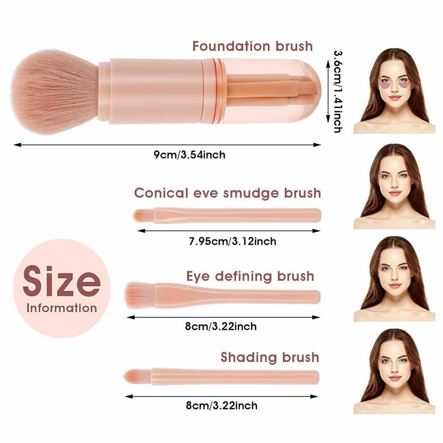 Molain 4-in-1 Retractable Travel Makeup Brush Set - Portable Lip, Highlighter, Eyeshadow & Foundation Blending Brush for On-The-Go Beauty (Pink)